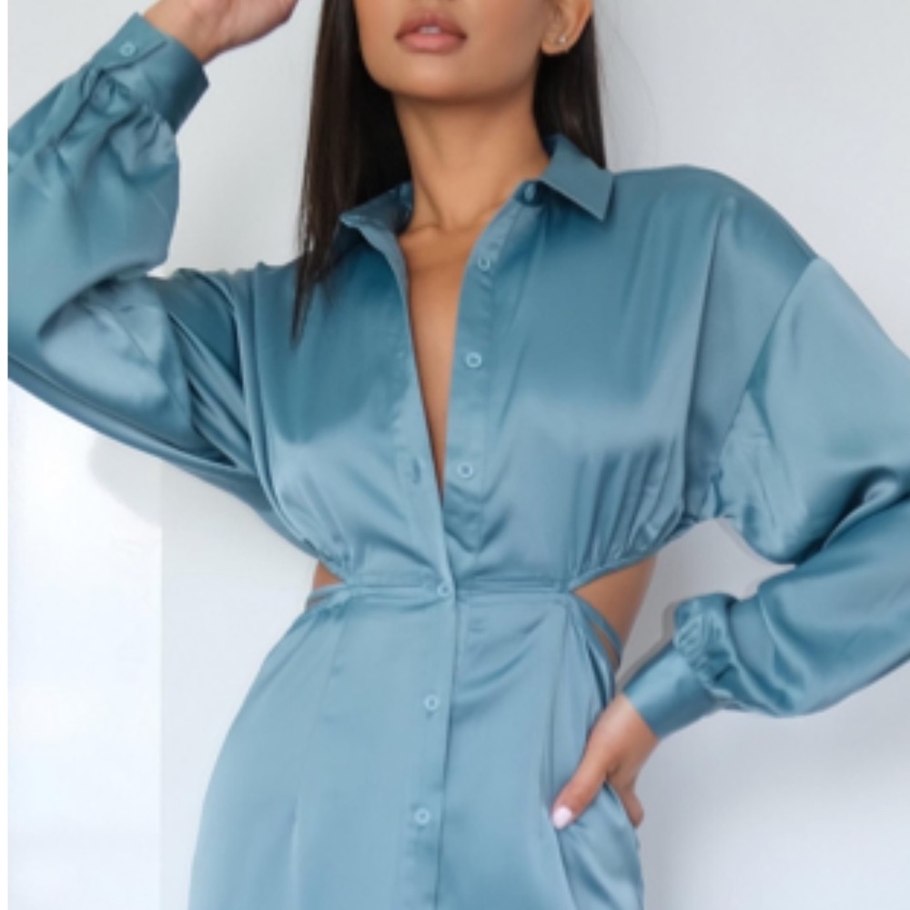 Sz 0 Teal Satin Cut Out Tie Back Midi Shirt Dress